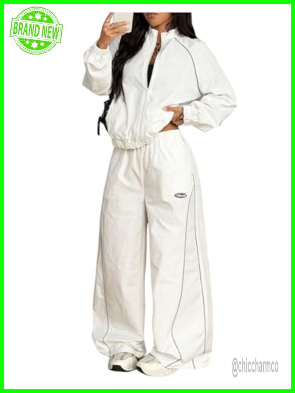 Women's 2 Piece Tracksuit Zip Up Jacket Wide Leg Parachute Pants Streetwear Set